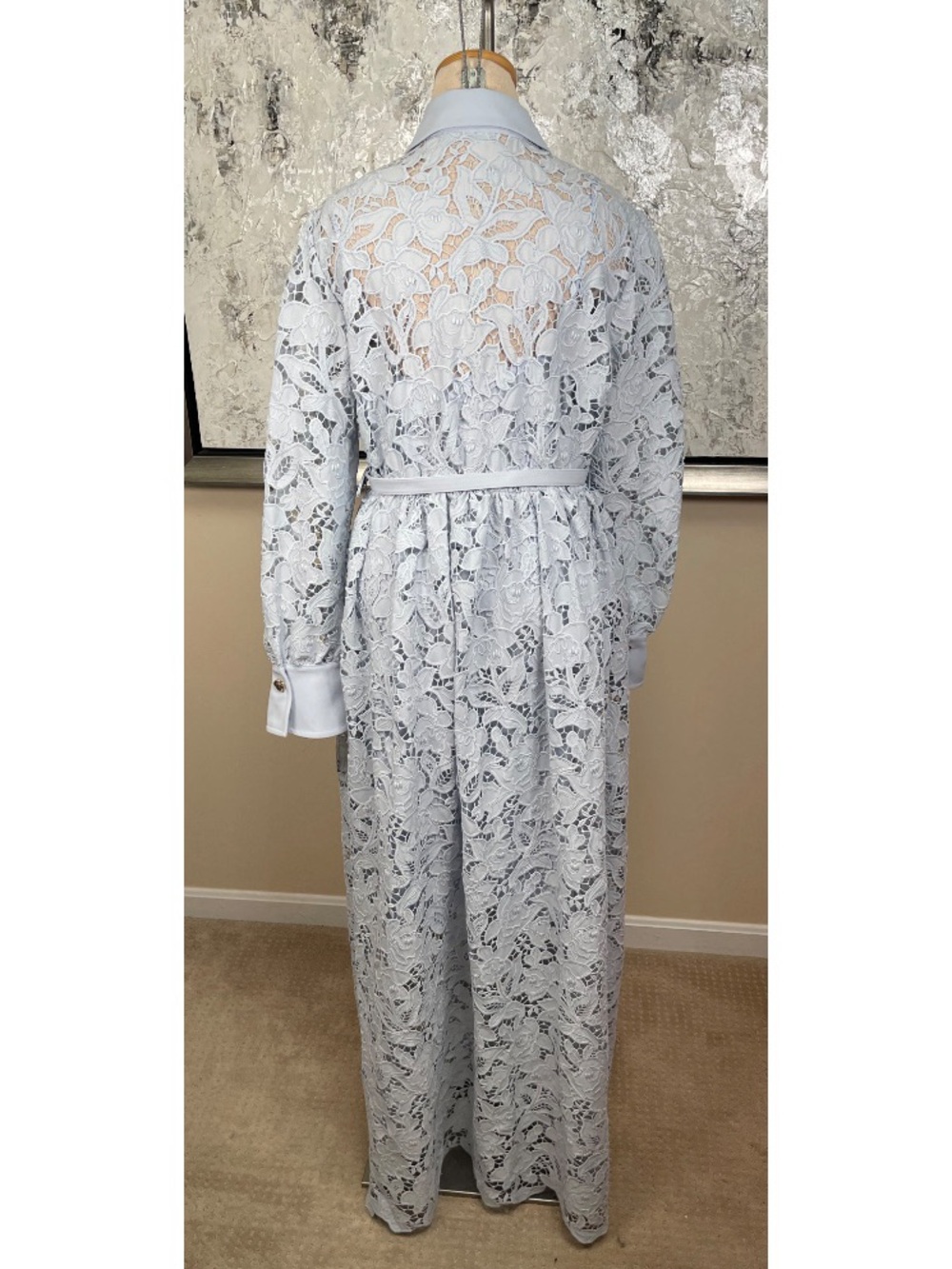 SELF-PORTRAIT Blue Lace Collared Floral Long Sleeve Button Down Maxi Dress Sz 10 - Picture 11 of 14